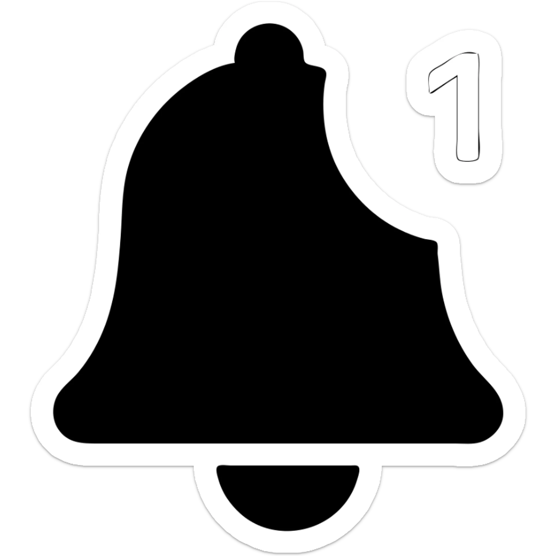 Add a red number badge '1' to the notification alert icon, maintaining the minimal solid style with transparent background and bold filled shapes. sticker