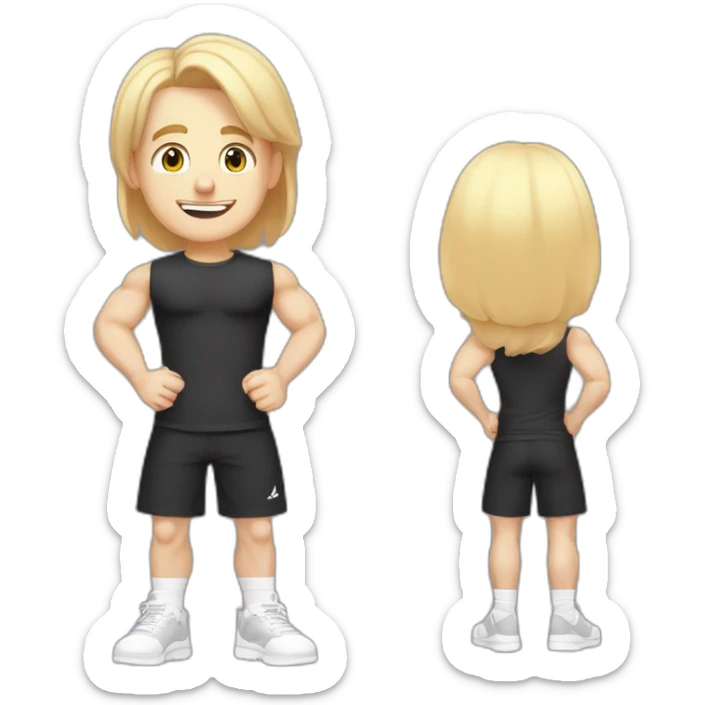 Pale skinned Fit Man With the biceps and blonde hair in black shirt, gray sports shorts and white Sneakers Writing text on the flipchart sticker