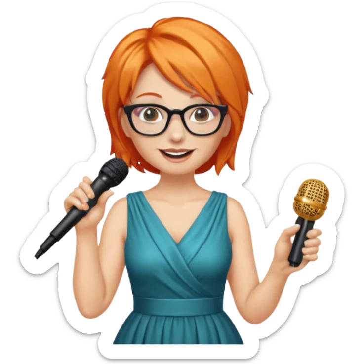 singer, Middle age, orange hair, happy, holding mic, wearing dress, glasses sticker
