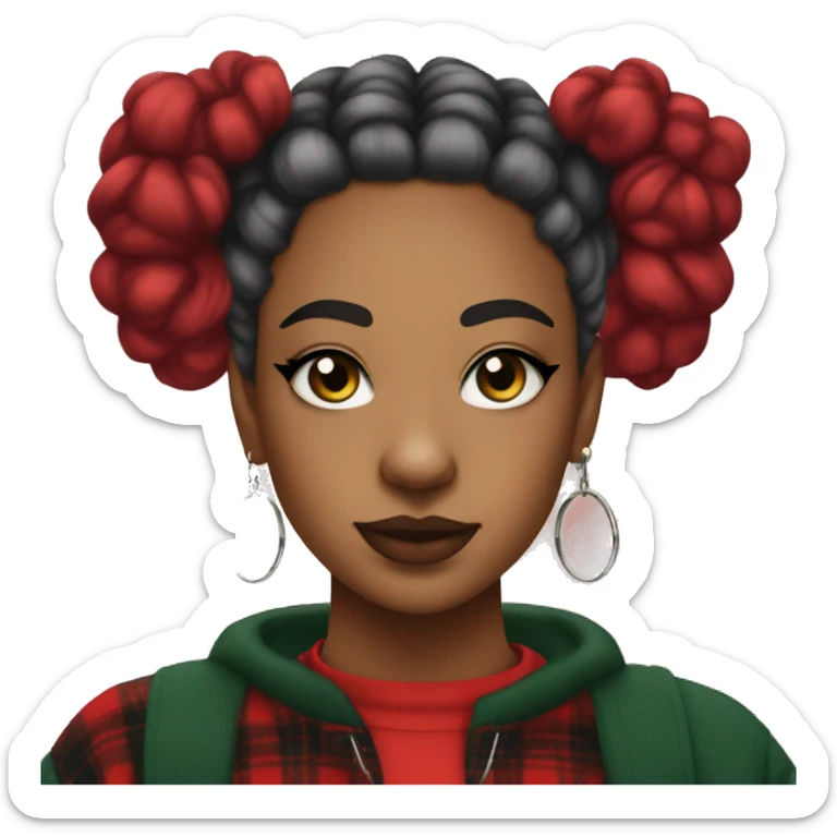 Trans girl with dark green space buns wearing a red flannel and hoop earrings wearing cat eye liner sticker