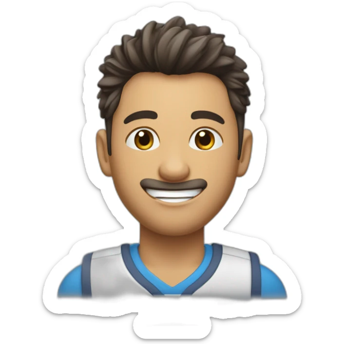 chico joven con camisa azul, pelo moreno, flequillo un poco ondulado y alguna cana, con una sonrisa sticker