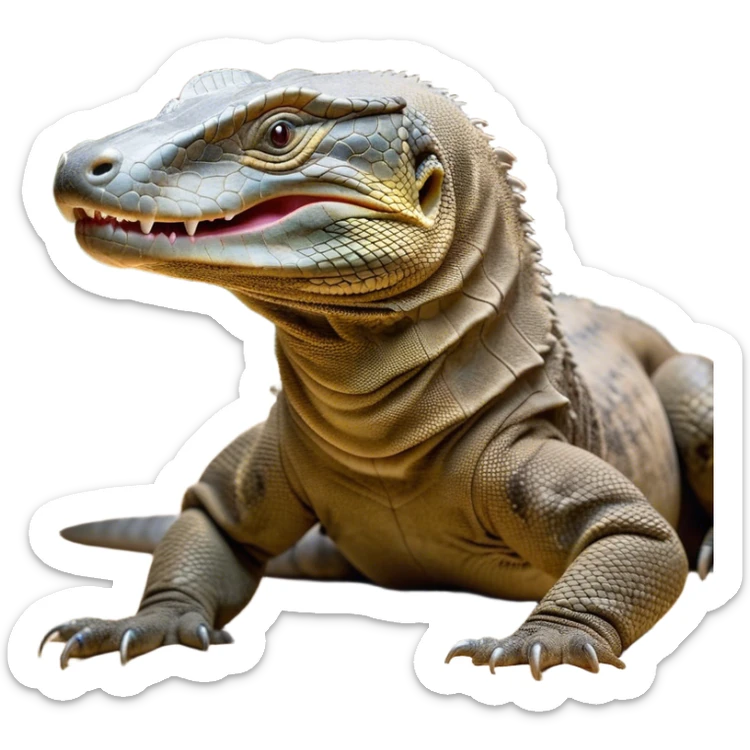 Cinematic Realistic Cute Yawning Komodo Dragon Portrait Emoji, Head tilted slightly with a dramatic, wide-open yawn, showcasing a soft, rugged scaled hide with subtly drooping features and half-closed, drowsy eyes rendered in authentic detail, high shine, relaxed yet expressive, styled with a dash of natural desert charm, soft glowing outline, capturing the essence of a sleepy yet affectionate Komodo dragon that appears ready to stretch out for a deep, restful nap! sticker
