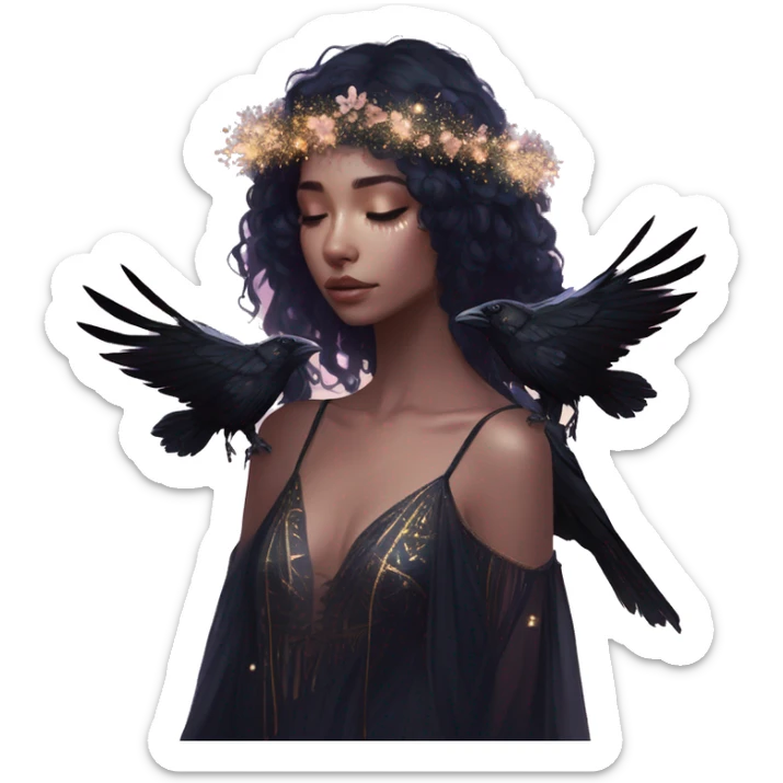 Black Raven wings bohemian girl Ethereal iridescent galaxy constellation girl angel raven wings black wings, gold arrow, nebula, flower crown, fairy lights, nature, shot by golden arrow sticker