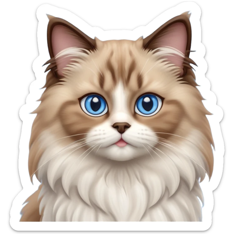 cinematic-adorable-big-eyed-fluffy-brown ragdoll-cat-portrait-emoji,-head-tilted-playfully-with-a-sweet-expression,-fluffy-white and brown-fur,-simplified-yet-irresistibly-cute-features-with-large,-expression, blue eyed ragdoll cat sticker