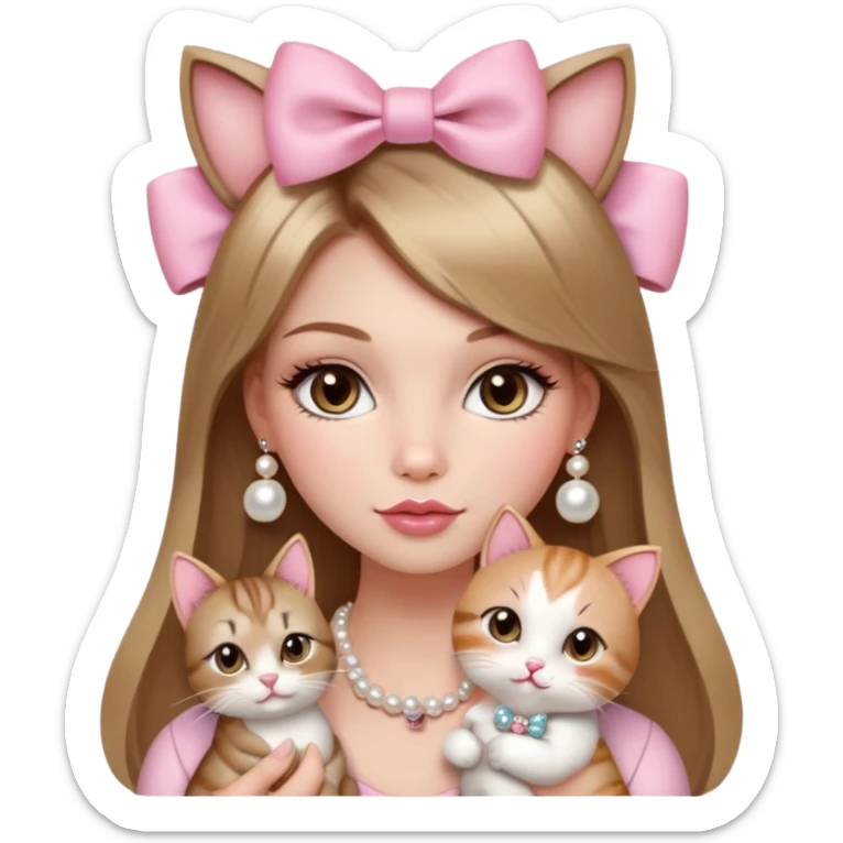 A very gorgeous girl with straight long light brown hair with blonde highlights, hazel eyes, big plump round lips with baby pink blush on her cheeks and mascara on her lashes, coquette style with a bow on her hair and Pearl jewelry on her wrist and neck holding a very cute cat sticker