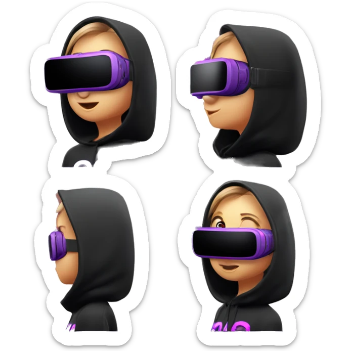 Russian girl wearing black hoody with violet letters "OMG", in vr headset oculus quest2. Dancing. Cyberpunk style. Violet neon. sticker