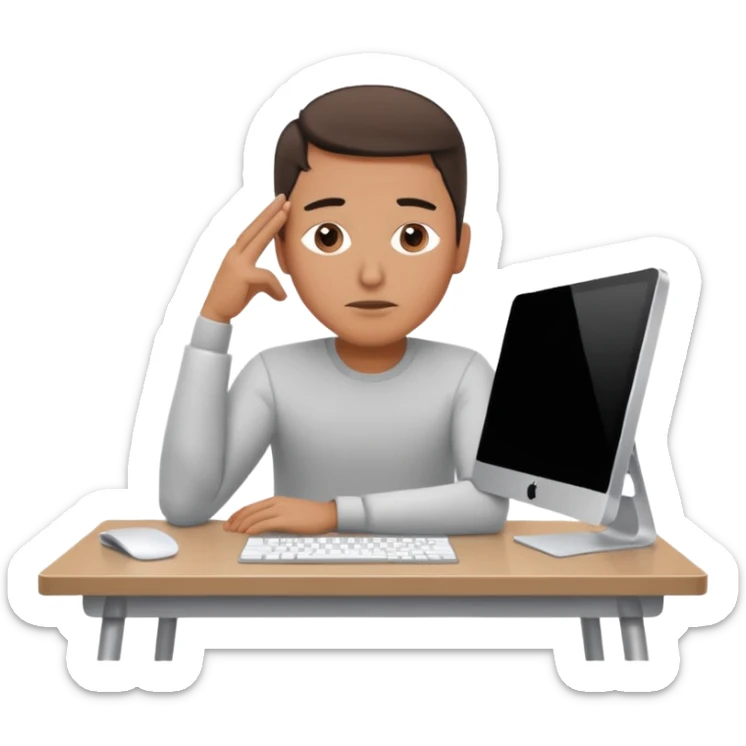 emoji of a man sitting at the table with an imac on it, a man is sitting in a very thoughtful pose, he has his hands on the table and his head resting on them sticker