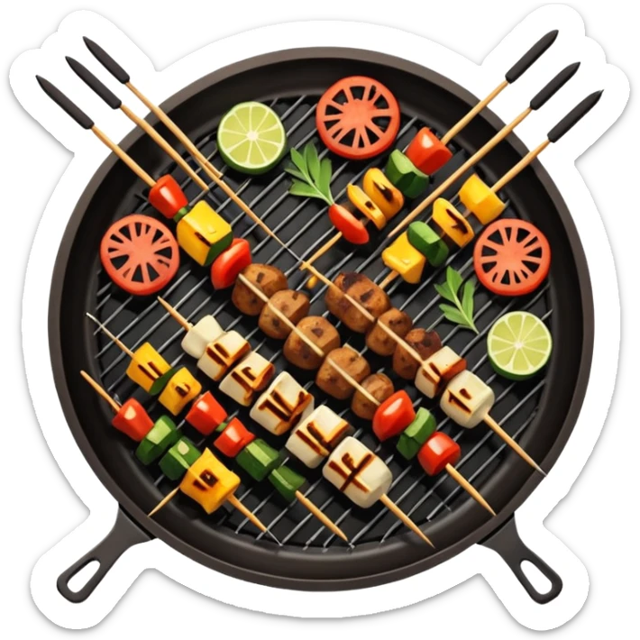 Grilled dishes avatar in bright emoji-style illustration. Skewers, BBQ, and grilled vegetables, warm fire tones, simple shapes, flat design, high contrast, tasty and inviting. sticker