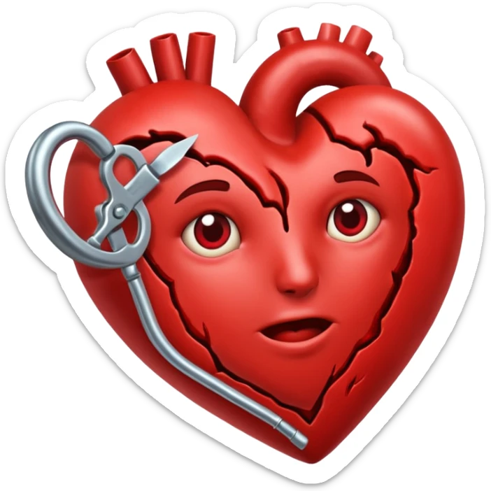 Un corazón humano roto con grietas  sangrando y expulsando sangre rodeado de vendas y tiritas que se despegan sin hacer efecto sticker