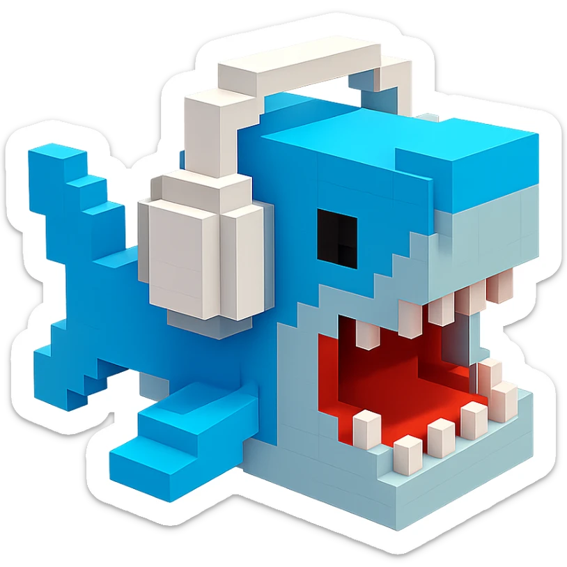 voxel style shark with white headphones, open mouth, blocky, blue and silver, no background sticker