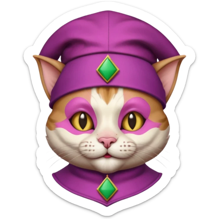 court jester cat medieval, single poker card joker clearly visible, pink, face only, round badge,  court jester cap sticker