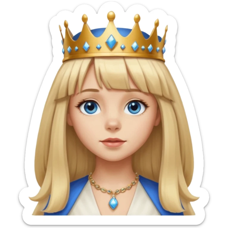 simple Blonde girl with bangs, long straight seductive hair and blue eyes, and a simple crown. giving cockerspaniel energy head only sticker