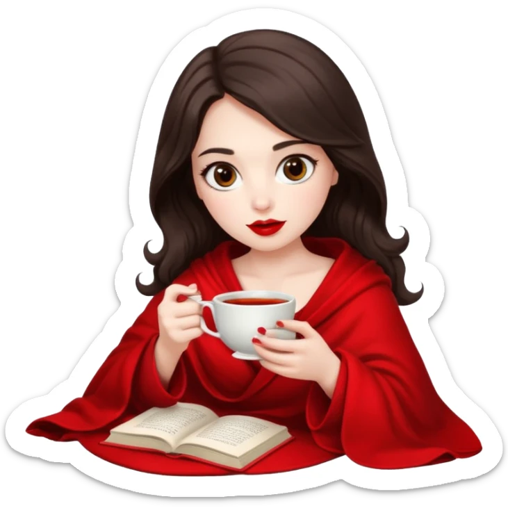 Long wavy dark brown haired, white skinned, dark big eyed girl with red lipstick wrapped in a red blanket, sipping tea and reading a book sticker