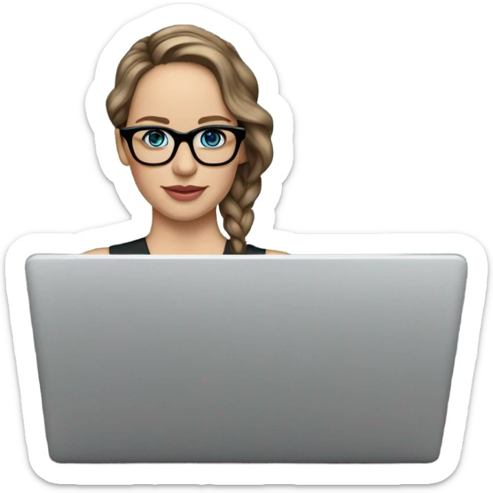 Hyper Realistic Photo of Brunette Jennifer Lawrence wearing black glasses and blue eyes  on a laptop  sticker