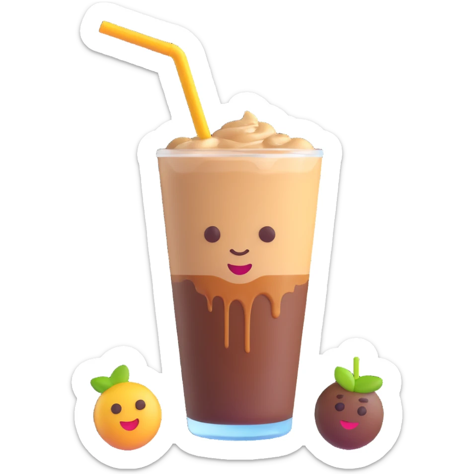 A 3D style emoji of Vietnamese iced coffee with a glass, straw, and a coffee drop on the glass, emphasizing the straw and the coffee drips. sticker