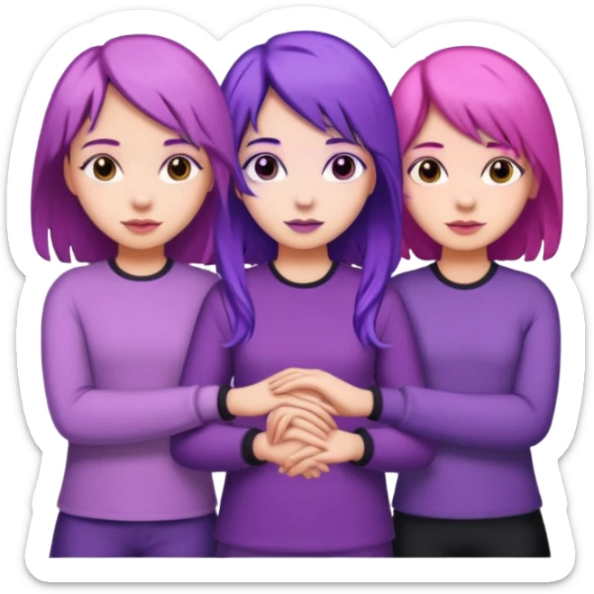 3 girls holding hand middle girl got purple hair left girl got pink hair right girl got black hair sticker