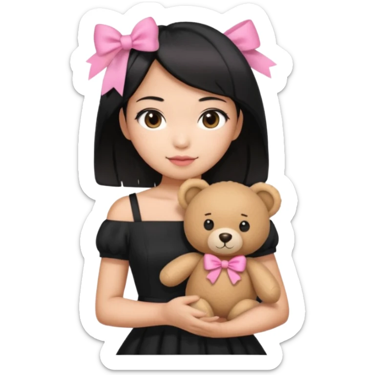 asian black short shoulder length hair tanned woman, black dress girly things sticker