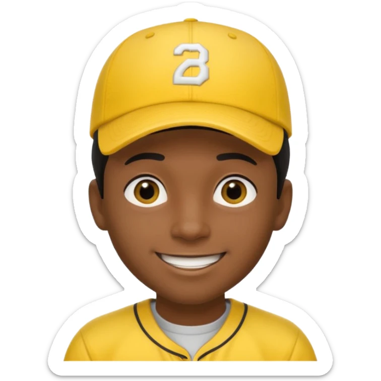 A man with dark skin tone, wearing a bright yellow baseball cap, short black hair mostly covered by the cap, large brown eyes, and a wide smile. sticker