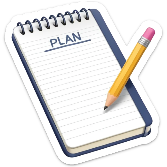 Emoji of a notebook with a pencil and the word “PLAN” written on the cover, iPhone emoji style. Flat design, smooth gradients, rounded edges, soft shadows, clean look, white background. sticker