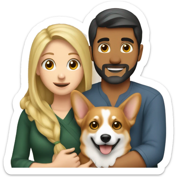blonde girl with arab guy holding a corgi in their arms sticker