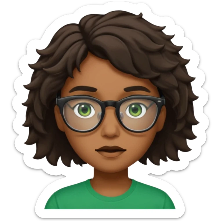 Garçon brun avec des cheveux ondulés courts, peu un peu claire, des yeux verts foncés, un t shirt noir et des lunettes rectangulaires transparentes qui est fou sticker