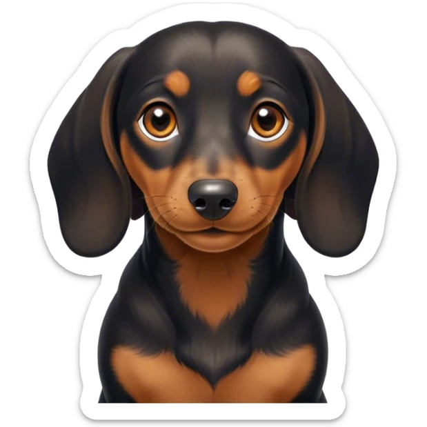 Cinematic Cute black and tan Dachshund Portrait Emoji, Head tilted playfully and inquisitively, featuring a glossy black and tan coat with a sleek sheen, round, sparkling brown eyes filled with curiosity, Simplified yet irresistibly adorable features, highly detailed, glowing with a warm, friendly glow, high shine, affectionate and spirited, stylized with a touch of whimsy, bright and endearing, soft glowing outline, capturing the essence of a mischievous yet loving pup, so playful it feels like it could dash out of the screen and into your arms! sticker