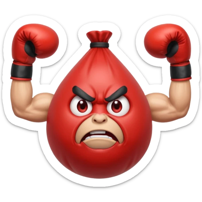 Gota de agua de color rojo con cara de enfado y unos guantes de boxeo, que tenga brazos y piernas musculados sticker