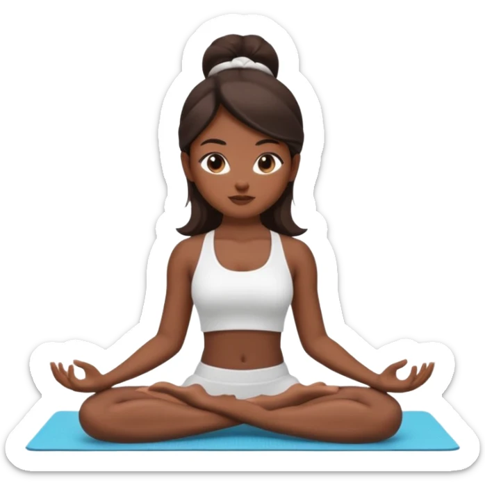 A beautiful girl with dark skin, long dark brown hair, and brown eyes, wearing white top sitting in a yoga pose, in Apple memoji style, 3D cartoon”   sticker