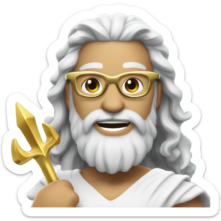 Poseidon with gold Trident and glasses. long hair white dress. smile . eye wink sticker