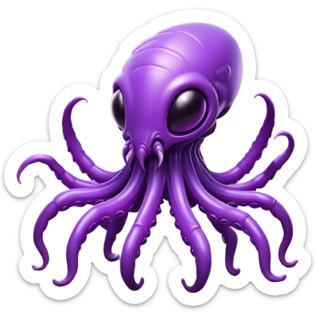 Clash of Clans aesthetic: Cinematic Playful Zerg Alien Emoji, rendered in a 3D vector-style similar to standard emojis with minimal shading and bold, simplified shapes. A compact, isometric, otherworldly creature with insectoid, organic details and subtle, eerie tentacles, softly glowing with a sinister alien charm. Simplified yet unmistakably iconic, highly detailed and consistent, glowing with a soft, spectral radiance and high shine. Stylized with a touch of bio-engineered mischief and a soft glowing outline, capturing the essence of a fearsome extraterrestrial menace with a playful twist! sticker