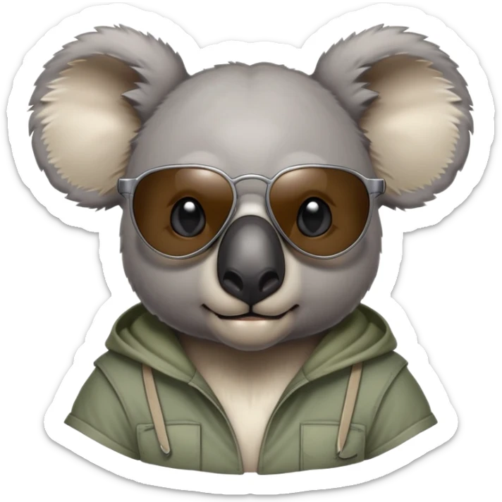 anthropomorphised koala, head and shoulders, casual clothing, dark sunglasses, fierce expression sticker