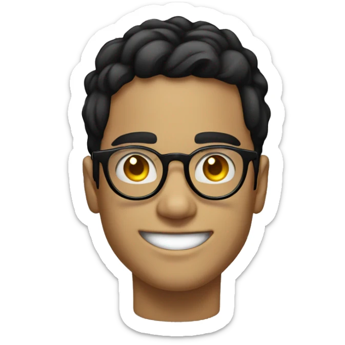 younman of about 20 years old programador with circular glasses, smiling, black hair sticker