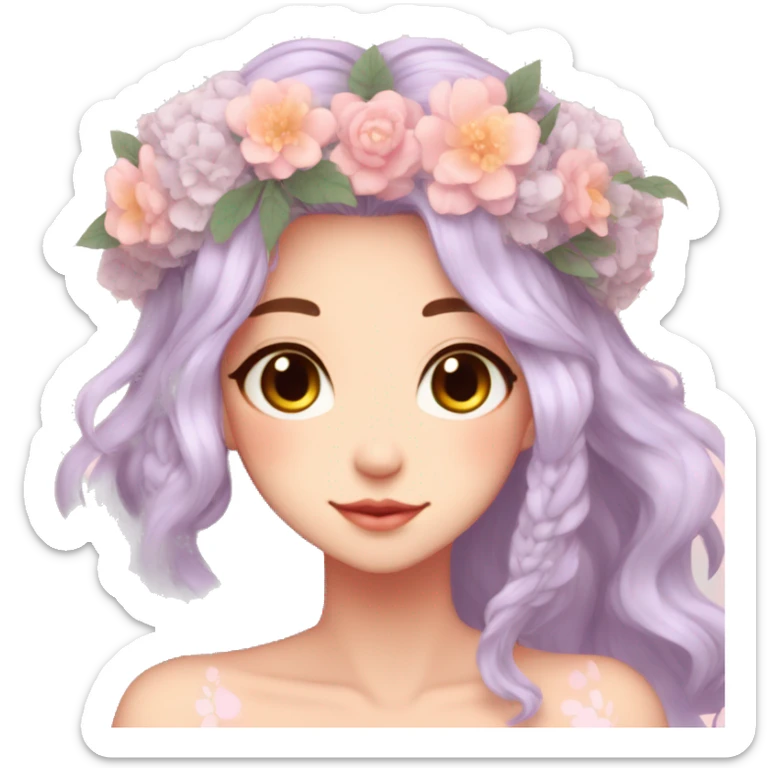 Gorgeous Pastel Anime Lady with blushing face and pretty hair with a flower crown aesthetic trending style sticker