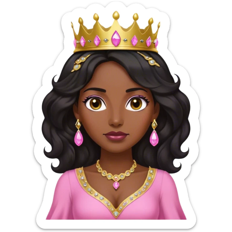 Crown dark black women with long lightly WAVY hair pink dress pink crown facing forward black hair middle age adult woman gold gems in crown gold earrings  one woman sticker