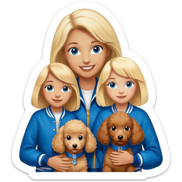 smiling mother in letterman jacket with W and Blue eyes, two Little girls Long blond straight hair and Blue eyes, one brown poodle puppie sticker