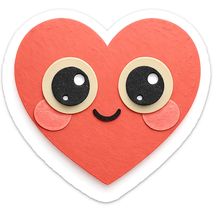 cute blushing red heart, big shiny eyes, soft pastel colors, no limbs, full body, paper craft style sticker