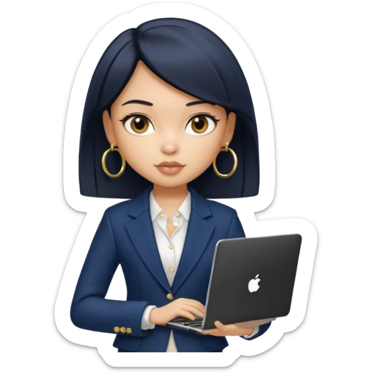 a pretty bratz girl with straight black short hair wearing a dark blue blazer and carrying a laptop. gold small hoops sticker