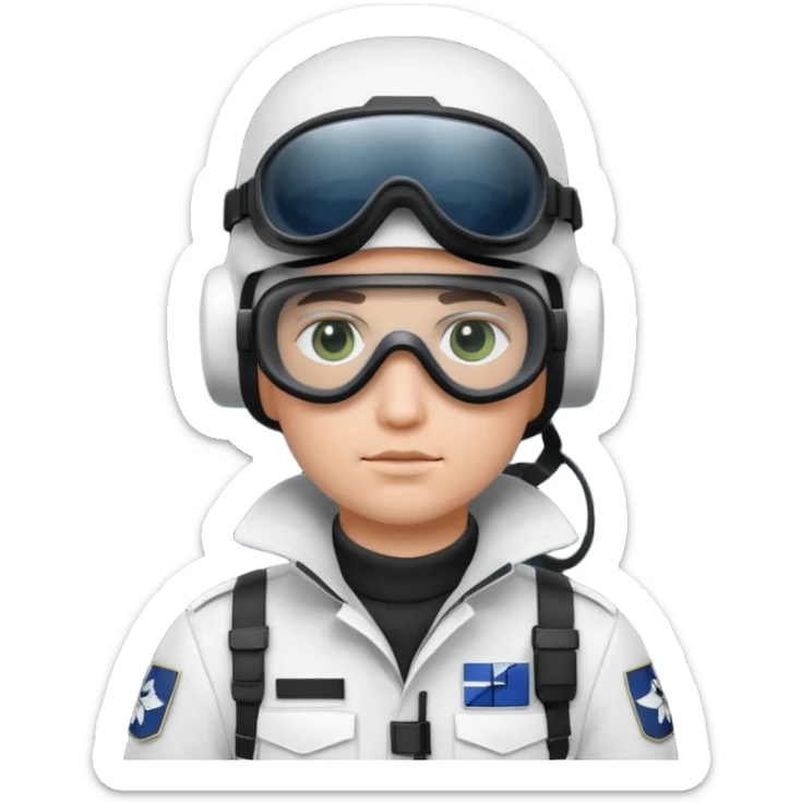 A Finnish modern soldier in a white snow uniform. with black night vision goggles sticker