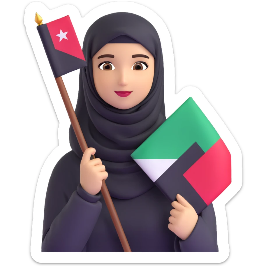 a hijab-wearing girl wearing the Palestinian keffiyeh and holding the Oman flag sticker