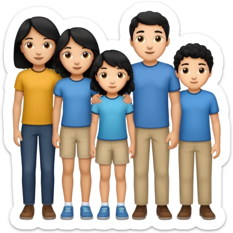 Hispanic family of five standing together, mom with long straight hair, dad with short curly hair, two boys with matching short hair, one girl with long straight hair, no raised hands, transparent background sticker