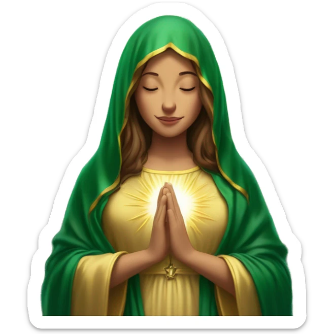 Virgin Mary: kind face looking down at the left, long brown hair, Wearing an emerald green  robe with gold stars and a burgundy red dress,  Hands in prayer or blessing. Halo around her head. standing in front of a big sun. colorful roses on the sides  sticker