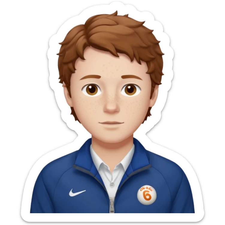 Owen Cooper in brown short wavy hair and brown eyes, freckles and pale skin. And he’s wearing a deep blue sports jacket and white shirt sticker