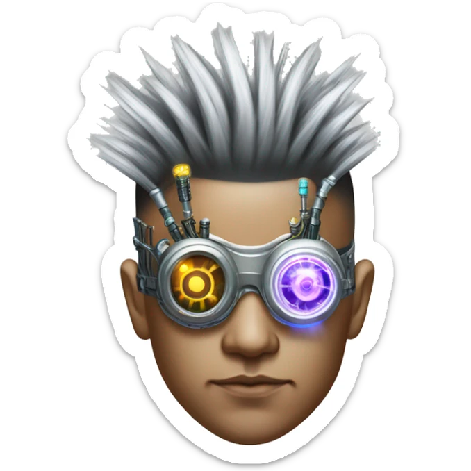 Mohawk hair Asian male cyborg head with neon silver steampunk goggles and circuits sticker