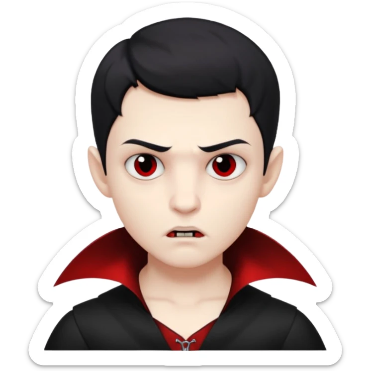 Vampire boy with the short black hair, pale scin, black eyes, little fangs and dark circles under his eyes. He has serious face sticker