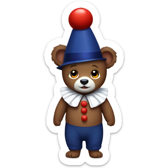 Brown baby bear. Clothes are Red White and Navy. Wearing jester collar and a clown hat.  sticker