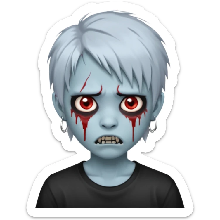  3D emoji-style avatar with very pale blue-grey zombie skin , a young Asian face, and large eyes with blood tears. Give it white litle bit messy mullet hair style , silver hoop earrings, and a plain black T-shirt. The face expression should be slightly angry, with vampire fang sticker