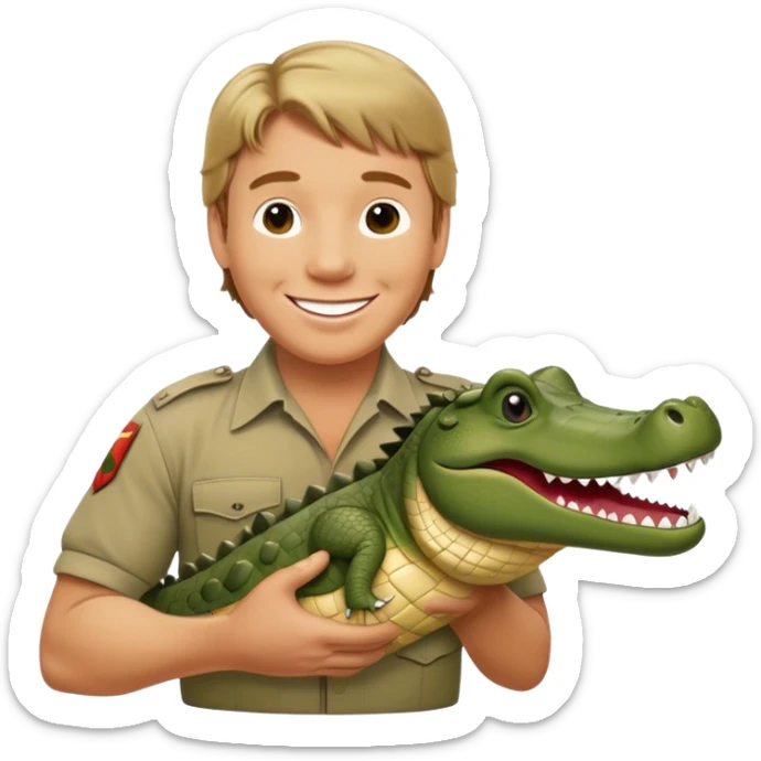 Cinematic Realistic Steve Irwin Portrait Emoji, in his signature khaki attire, holding a crocodile or giving an excited thumbs-up. The scene is lit with vibrant, natural sunlight, emphasizing his adventurous spirit and deep connection to nature. sticker