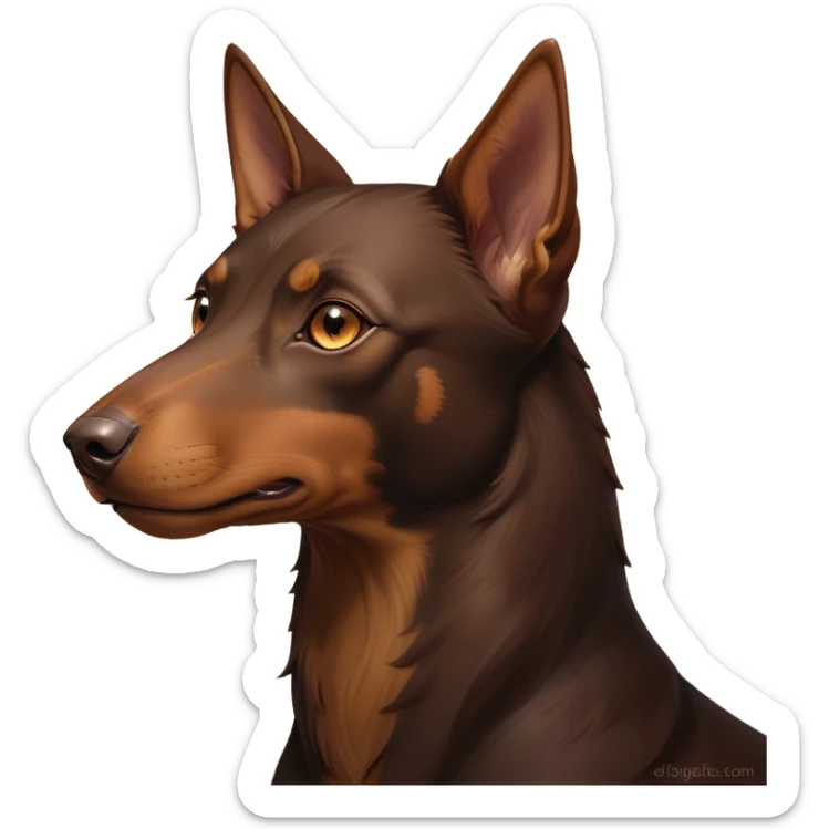 Cinematic Noble Brown and Tan Kelpie Portrait Emoji, Poised and regal, with a strong, agile build and a rich, well-groomed Fur of warm brown and tan, piercing warm eyes, Simplified yet sharp and sophisticated features, highly detailed, glowing with a soft, dignified glow, high shine, intelligent and energetic, stylized with an air of determination, focused and attentive, soft glowing outline, capturing the essence of a watchful and confident herder, so majestic it feels as though it could bound out of the screen with effortless authority! sticker