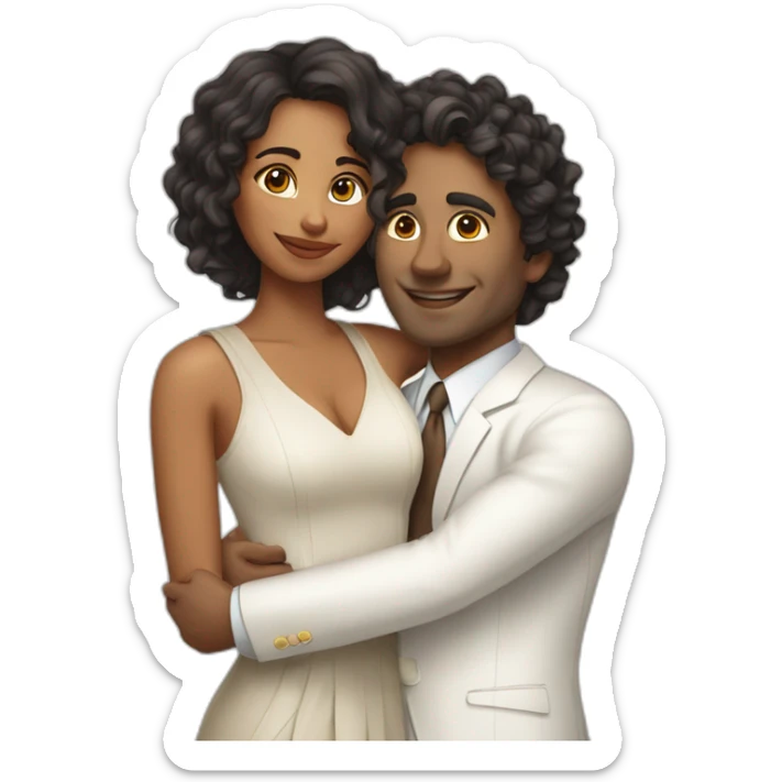 Indian woman with medium curly hair hugging a tall white man with brown hair in a white suit sticker