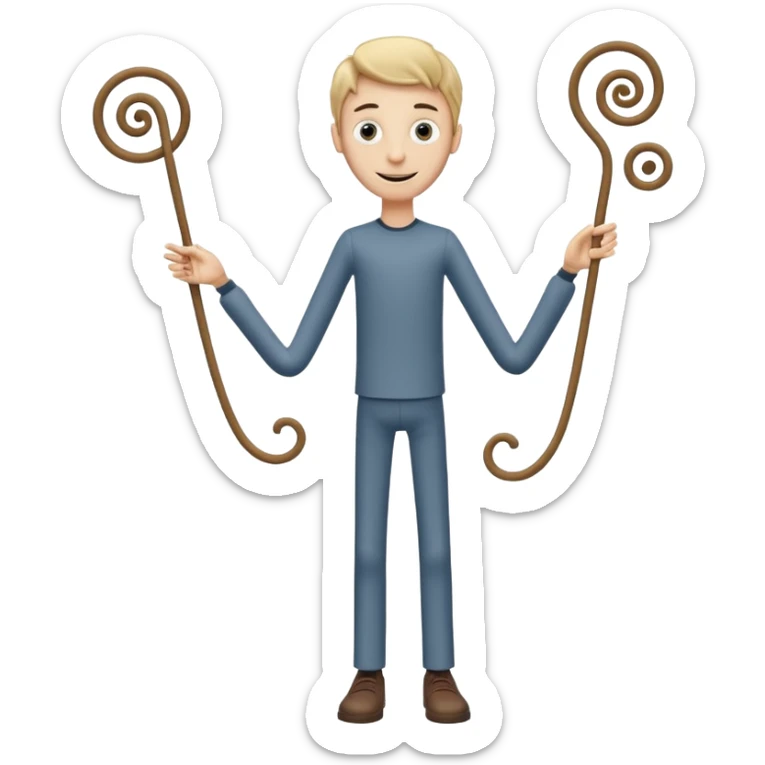 
Theo → “Thin Theo”

Aspetto Toon: Alto, esile, con un corpo filiforme quasi da marionetta. Il volto è sempre sorridente ma gli occhi sono due spirali ipnotiche. Cammina traballando come un cartone animato che sembra cadere ma non cade mai.
 sticker